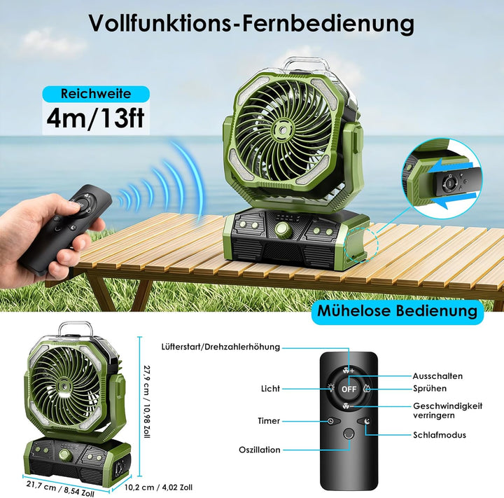 Minthouz 30000mAh Akku Camping Ventilator mit Sprühnebel & LED Licht, USB Akku Ventilator, 50h Laufz