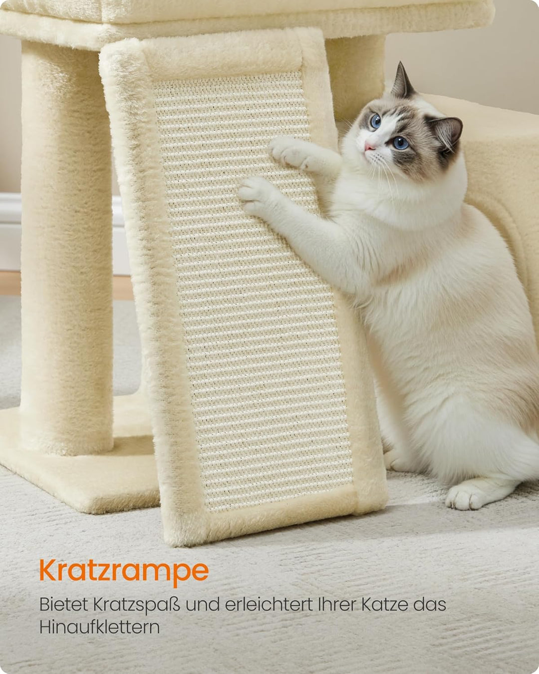Feandrea Kratzbaum klein, Katzenbaum mit Kratzrampe und grosser Plattform, Katzenkratzbaum mit Höhle