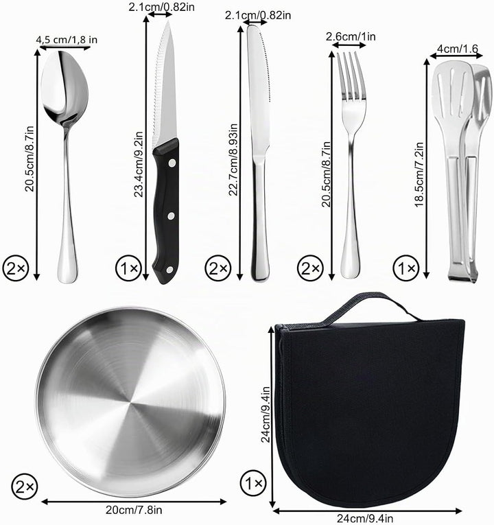 Camping Geschirr Set für 2 Personen, 10 Stück Tragbars Campingbesteck Set aus Edelstahl für Picknick