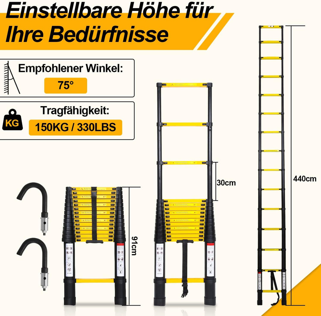 Teleskopleiter 4.4m Multifunktion Teleskop-Design Alu-teleskopleiter Fingerschutz Ausziehleiter Tele