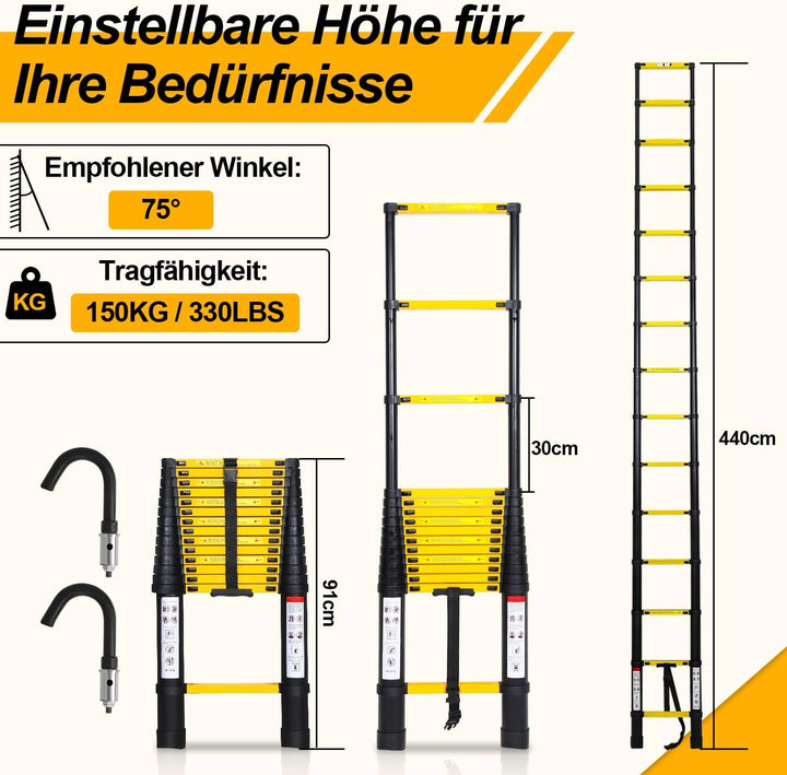 Teleskopleiter 4.4m Multifunktion Teleskop-Design Alu-teleskopleiter Fingerschutz Ausziehleiter Tele