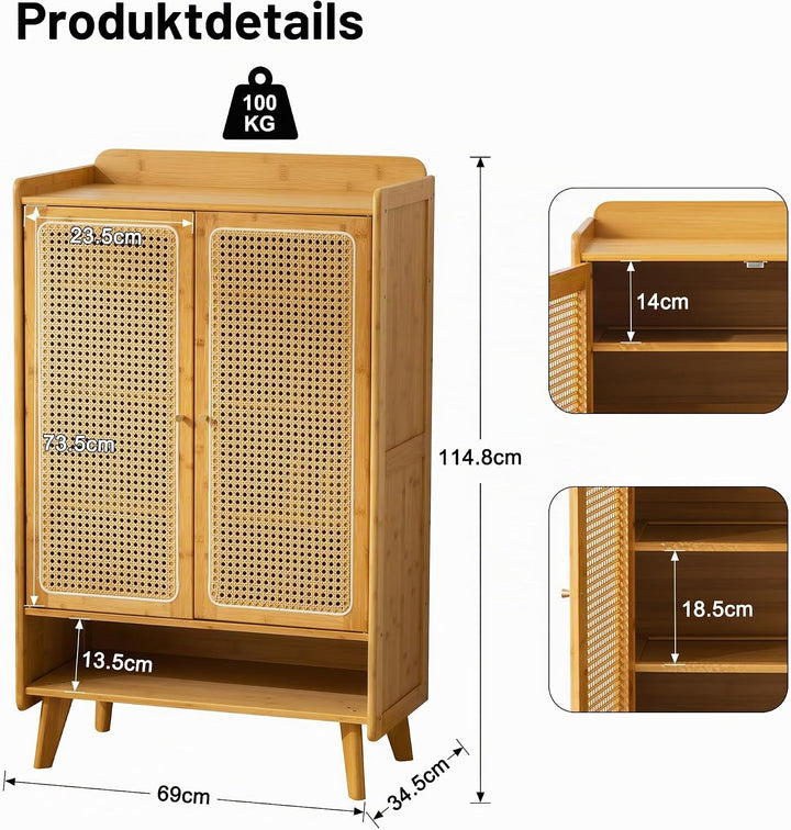Schuhschrank Holz mit Korbgeflecht-Türen, Moderner Bambus Schuhschrank mit 5 Ebenen, Schuhregal mit