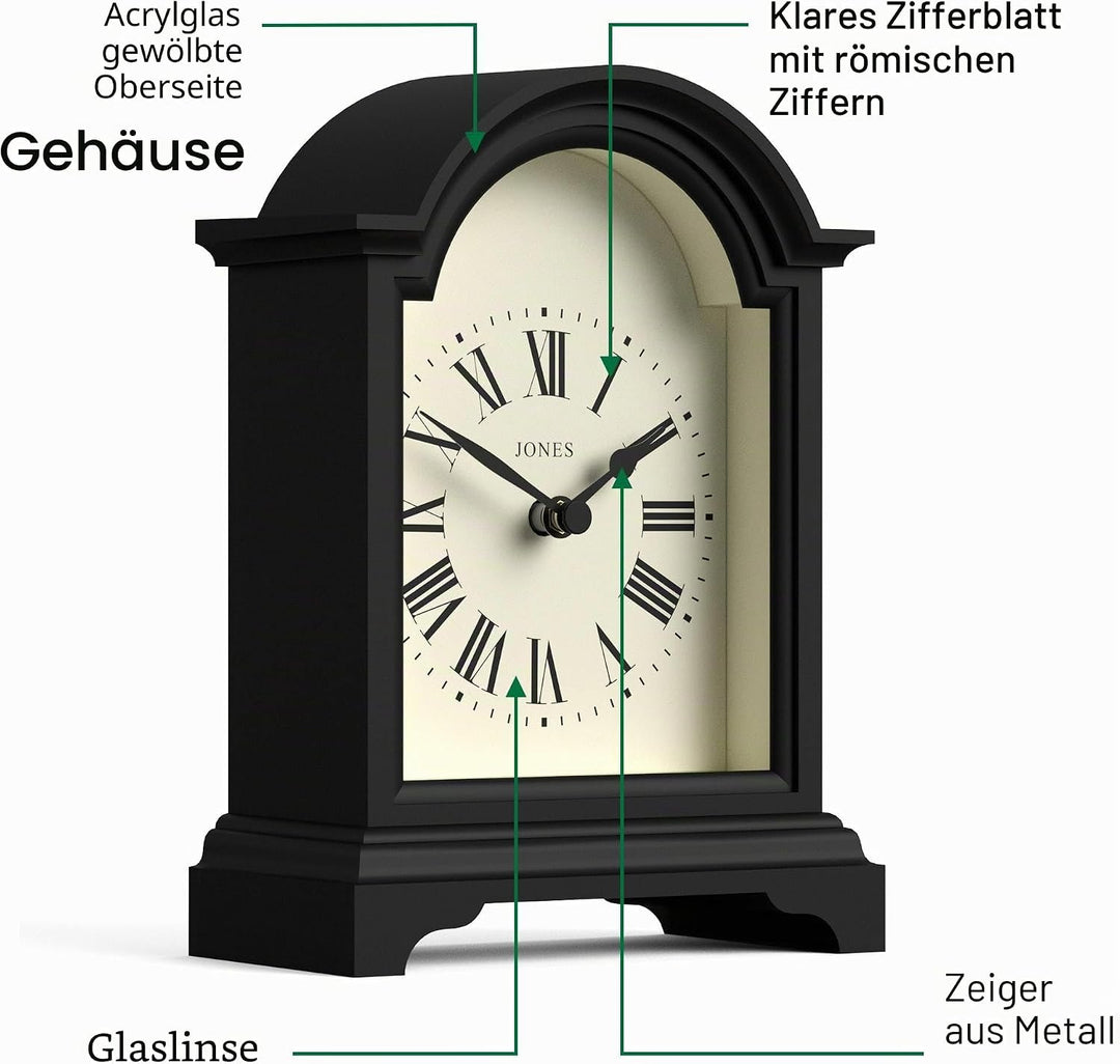 JONES CLOCKS® Kaminuhr 'Bistro' – klassisches Bogendesign in Schwarz, zeitgenössischer klassischer S