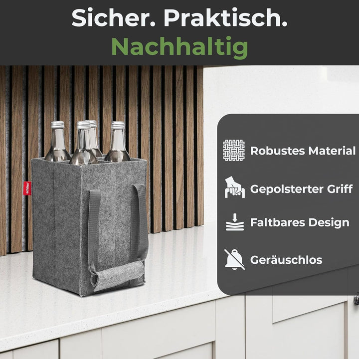 achilles Flaschentasche 4 Fächer je 1,5 Liter – 100% recycelter Filz – Reissfester Flaschenkorb – Fa
