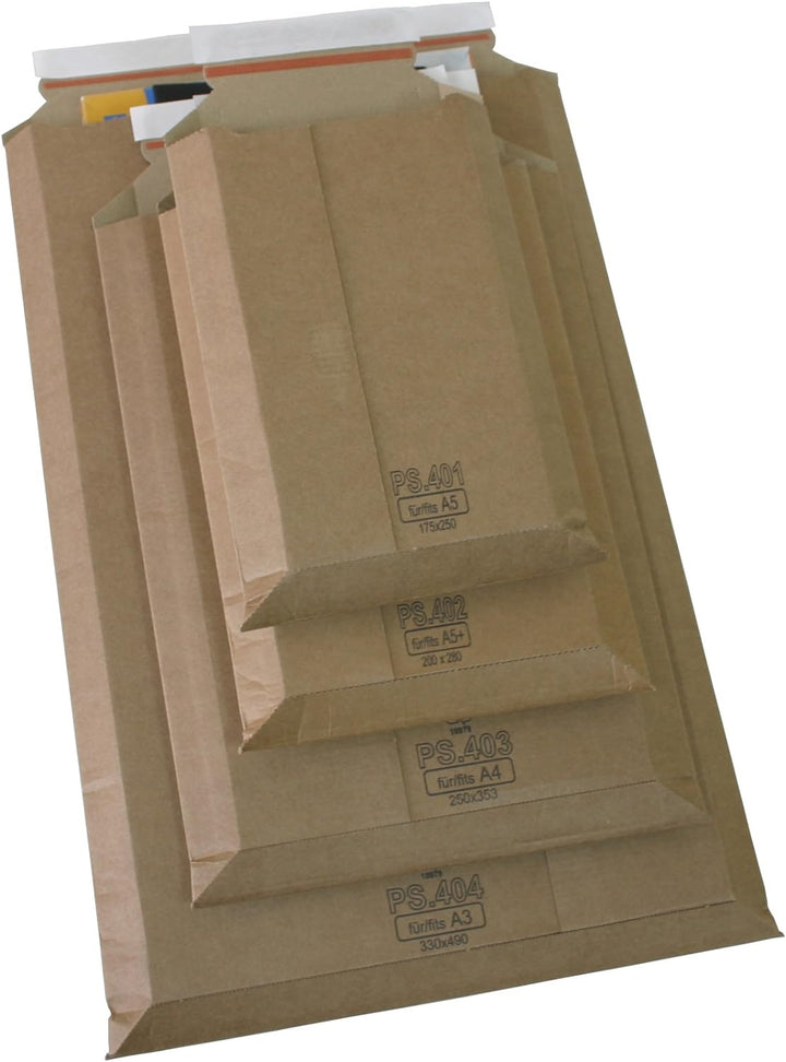 100 Versandtaschen aus hochwertigem Mikrowellenkarton, DIN A5+, flach 280 x 200 mm, Masse: 260 x 150