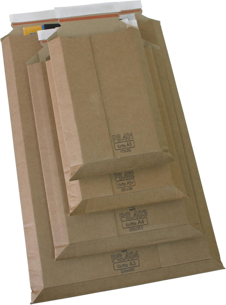Premium Versandtaschen aus Mikro-Wellpappe Karton DIN A5+ 280x200mm bis 50mm Füllhöhe (PS.402) (25),