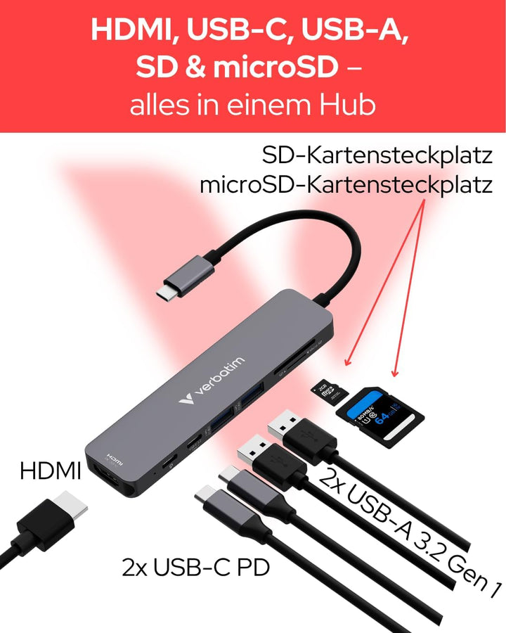 Verbatim USB-C Essentials Multiport Hub, 7 Anschlüsse: HDMI, USB-C 3.2 Gen 1, USB-C PD bis 100W, 2×