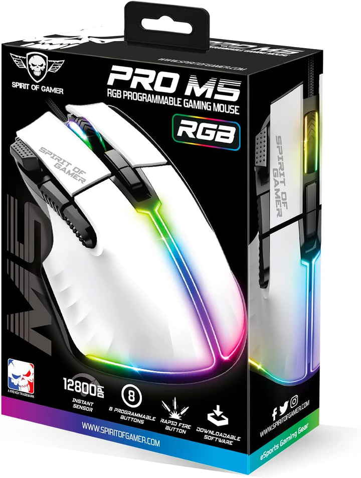 SPIRIT OF GAMER | Weiss Gaming Maus PC mit 12800 DPI | RGB Maus mit 8 Programmierbaren Tasten darunt