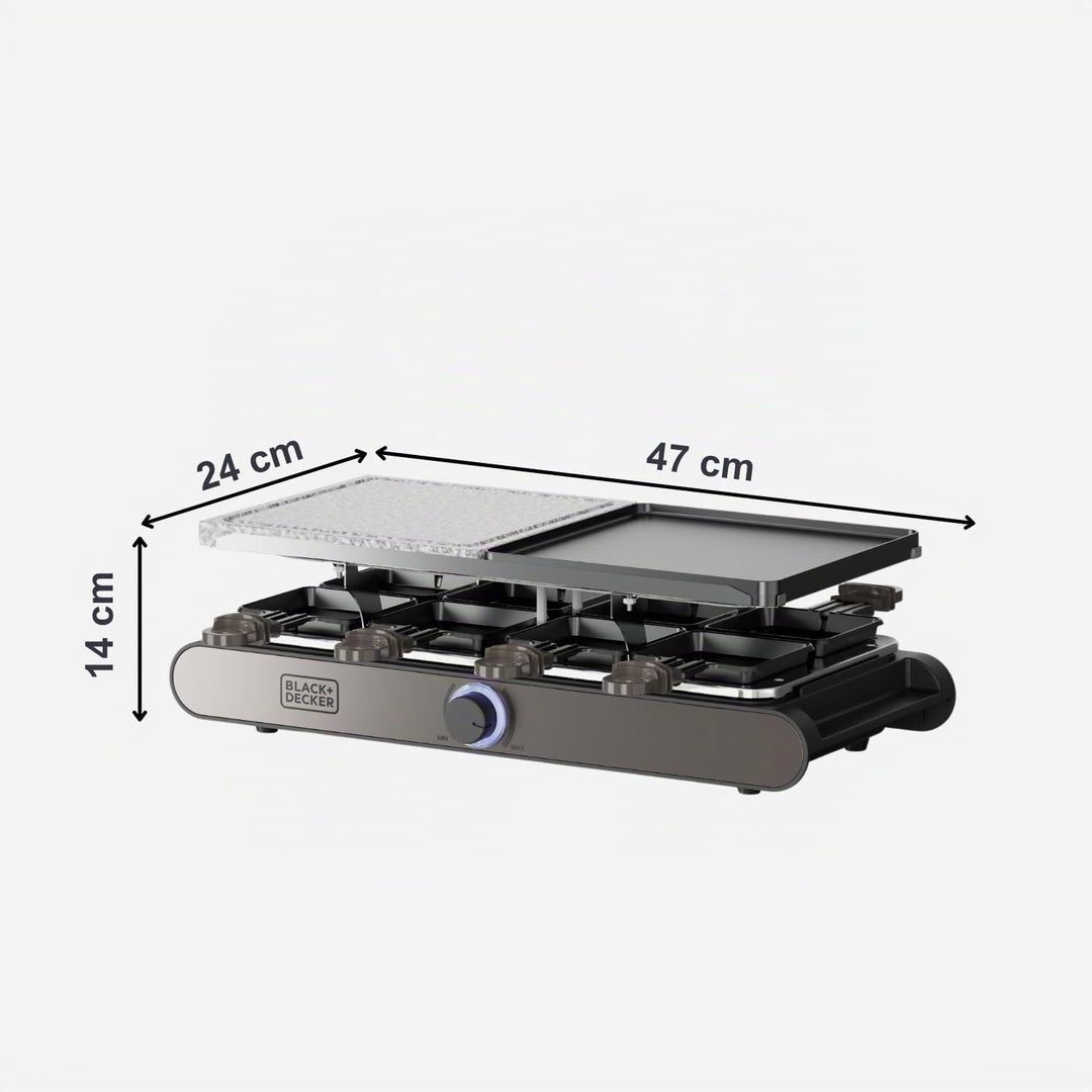 Black+Decker – Raclette| 8 Personen| Platten 21 x 21 cm| Regulierbare Temperatur| 1400 W| Umkehrbare