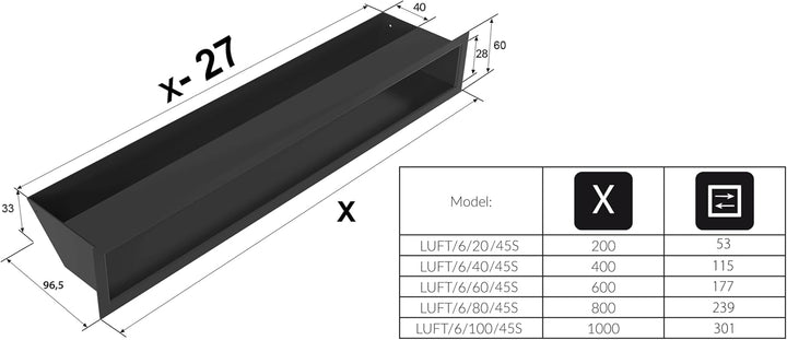 KRATKI Lüftungsgitter LUFT | Warmluftgitter 6 x 80 cm | Schwarz | Abluftgitter für Kamin Belüftung |