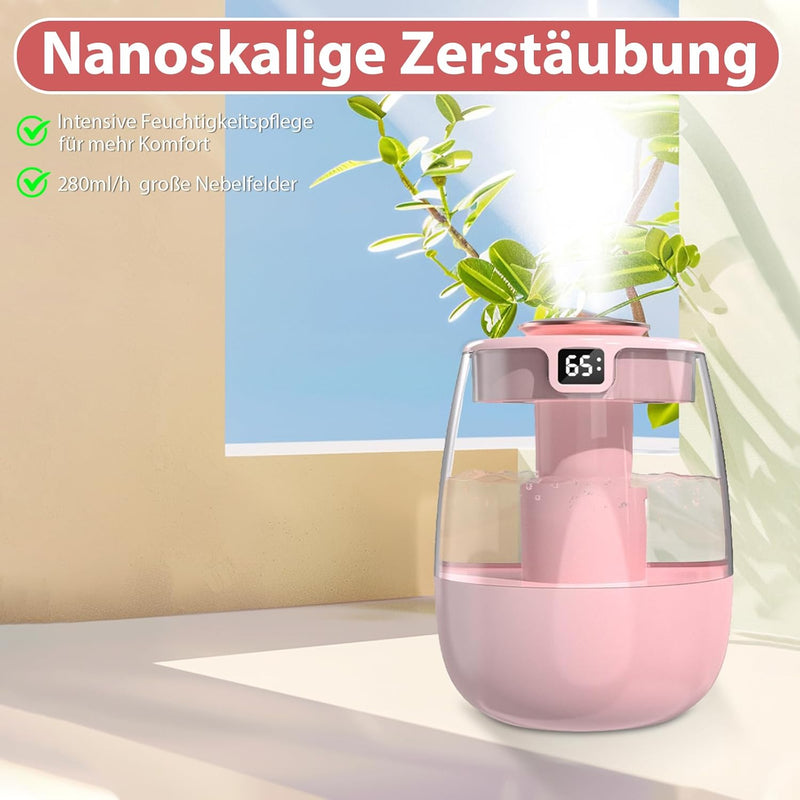 Luftbefeuchter, 1L Leise Humidifier mit 2 Loch, Luftbefeuchter mit leiser USB-Digitalanzeige, 2 Nebe