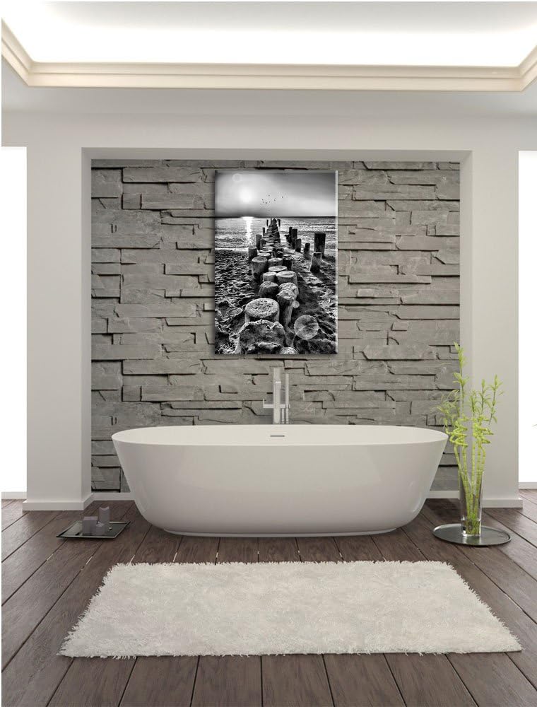 Pixxprint Baumstümpfe am Meer als Leinwandbild/Grösse: 100x70 cm/Wandbild/Kunstdruck/fertig bespannt