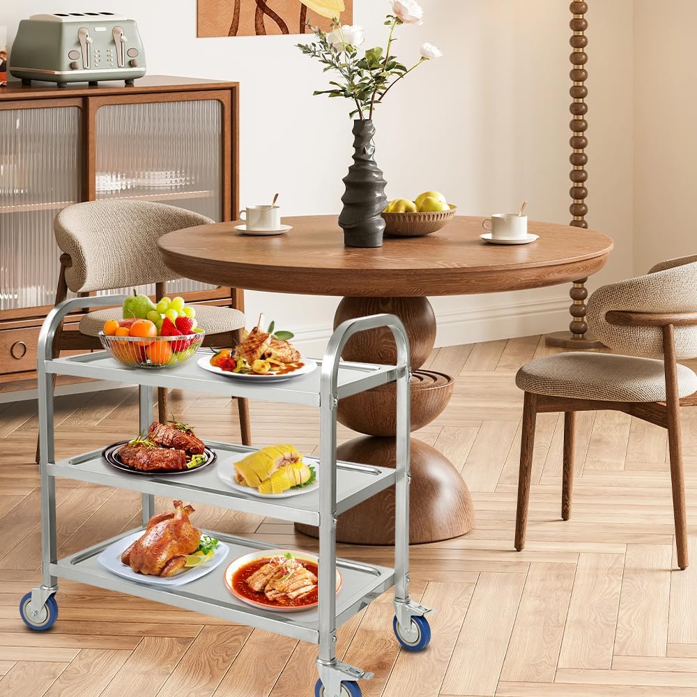 LANTUS Servierwagen mit Rollen, 3 Regale, Servierwagen mit Rollen, 95 x 55 x 95 cm, silberfarben, Ed