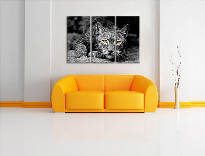 schöner wachsamer Luchs schwarz/weiss Deluxe 3-Teiler Leinwandbild 120x80 Bild auf Leinwand, XXL rie