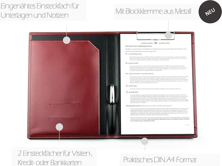 DELMON VARONE - Personalisierbare Klemmbrett Mappe DIN A4 Cambridge Top Grain Leder Rot - Organizer