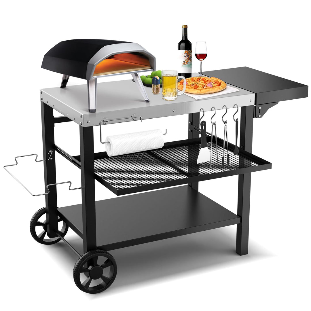 Beweglicher Outdoor-Grilltisch mit DREI Regalen, für Ninja-Holzfeuer, Ooni-Pizzaofen, Blackstone-Gri