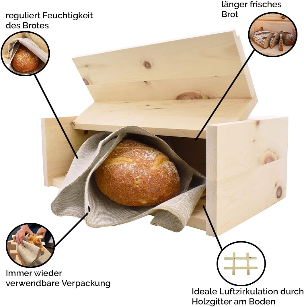 Brotkasten inkl.-Gitter & Bäckerleinen - Masse: 45 x 16 x 25 cm mit Bäckerleinen, mit Bäckerleinen