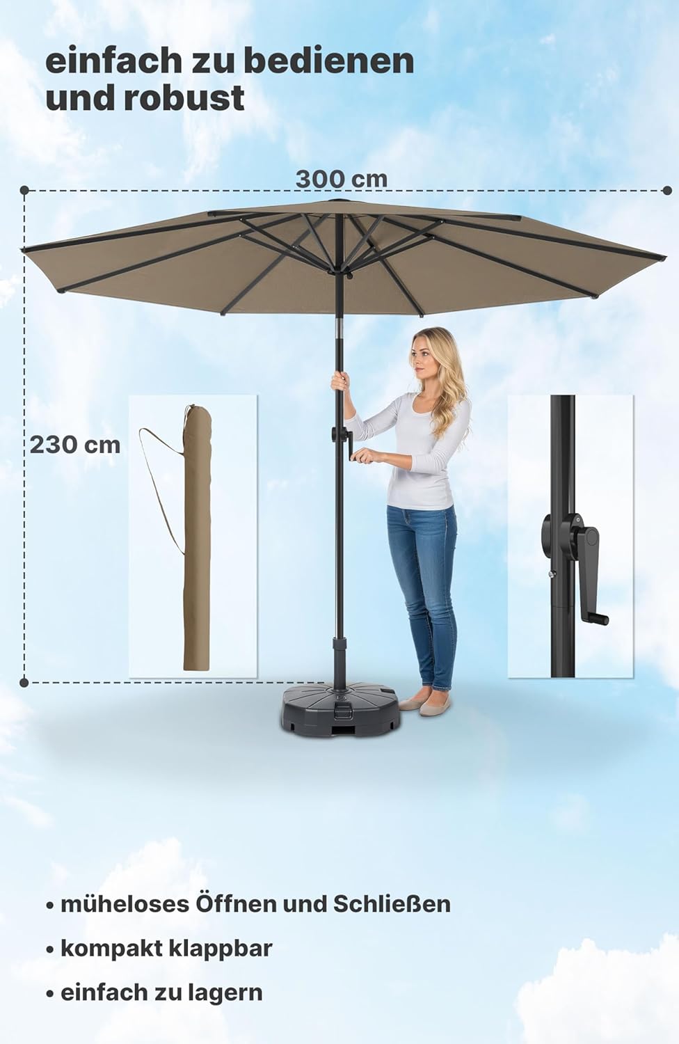 4smile Sonnenschirm 300 cm, mit Kurbel – grosser Sonnenschirm Balkon für die Terrasse, mit UV 50+ Sc