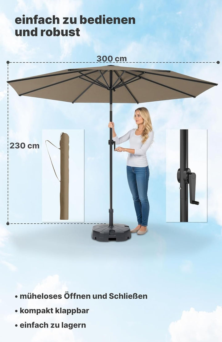 4smile Sonnenschirm 300 cm, mit Kurbel – grosser Sonnenschirm Balkon für die Terrasse, mit UV 50+ Sc