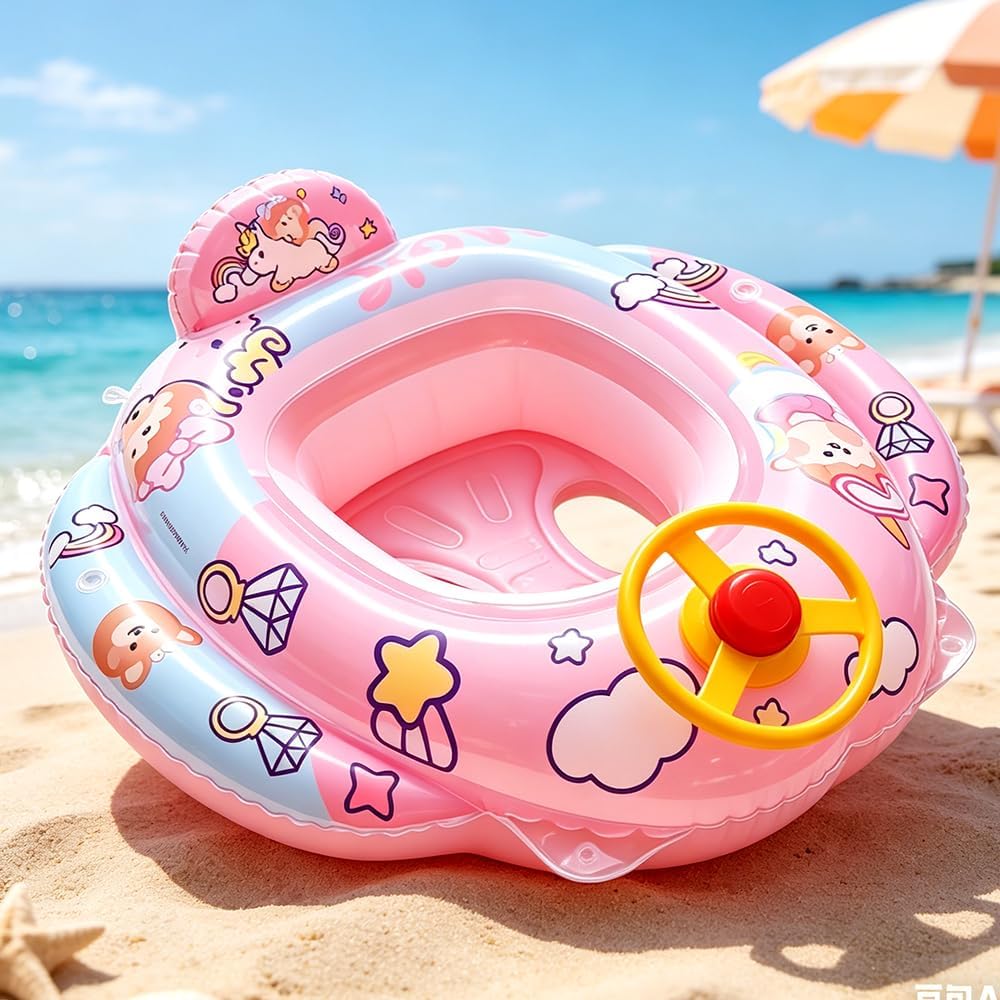 Baby Schwimmring Einhorn, Baby Schwimmhilfen, mit Lenkrad und Sitz, Einhorn Aufblasbarer Schwimmring
