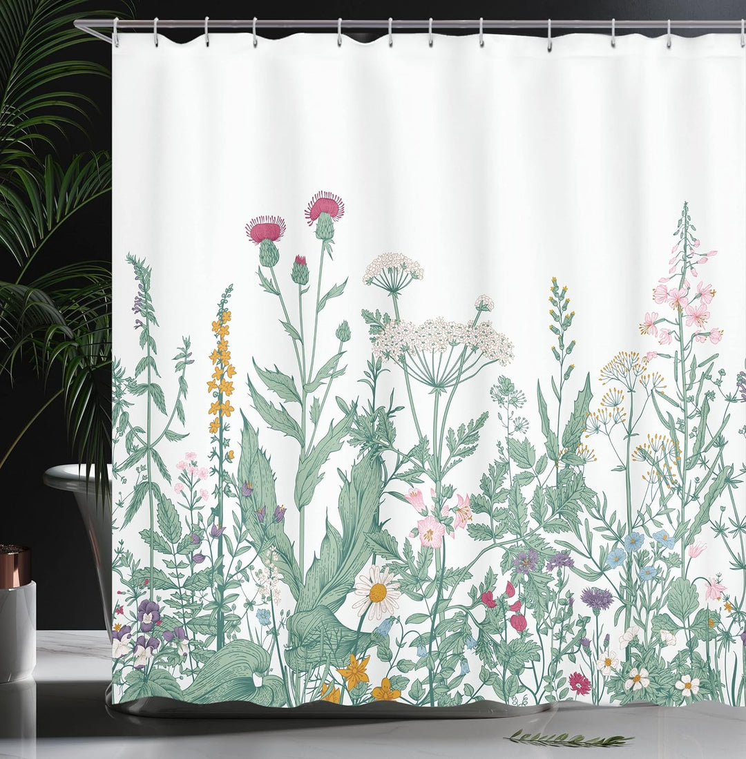 ABAKUHAUS Blumen Duschvorhang, Kerbel Moschusmalve, Wasser Blickdicht inkl.12 Ringe Langhaltig Bakte