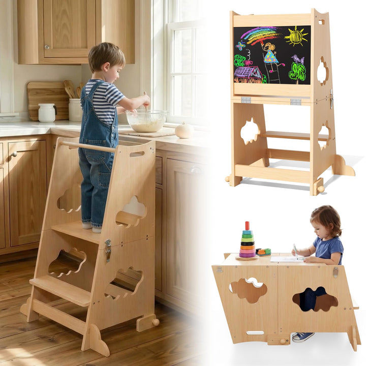 KIDINIX Lernturm ab 1 Jahr, 3 in 1 Montessori Learning Tower mit Sicherheitsgeländer und Tafel, Klap