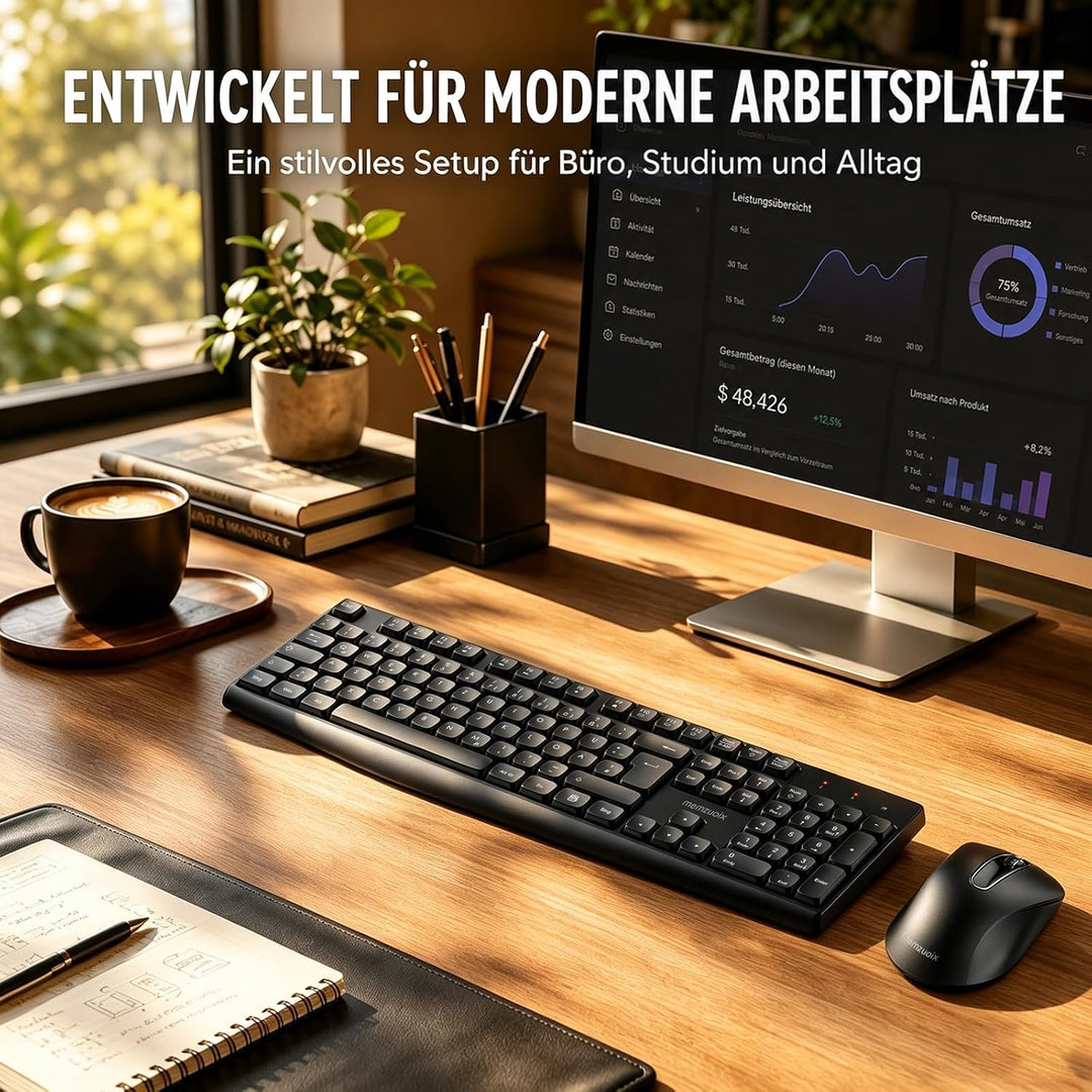QWERTZ Kabelloses Tastatur Maus Set, Full Size 105-Tasten Tastatur mit Nummernblock, 2.4GHz Funk mit