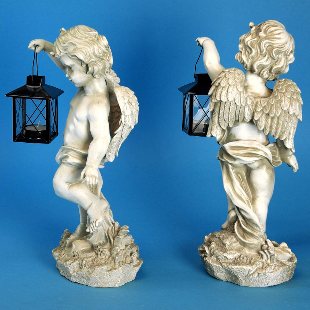 GeKi Trend 2er Set Engel Figuren mit Laterne Dekofigur Putte frostfest Gartendeko antik weiss Grabsc