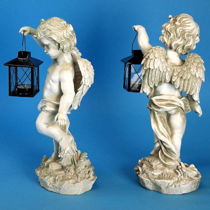 GeKi Trend 2er Set Engel Figuren mit Laterne Dekofigur Putte frostfest Gartendeko antik weiss Grabsc