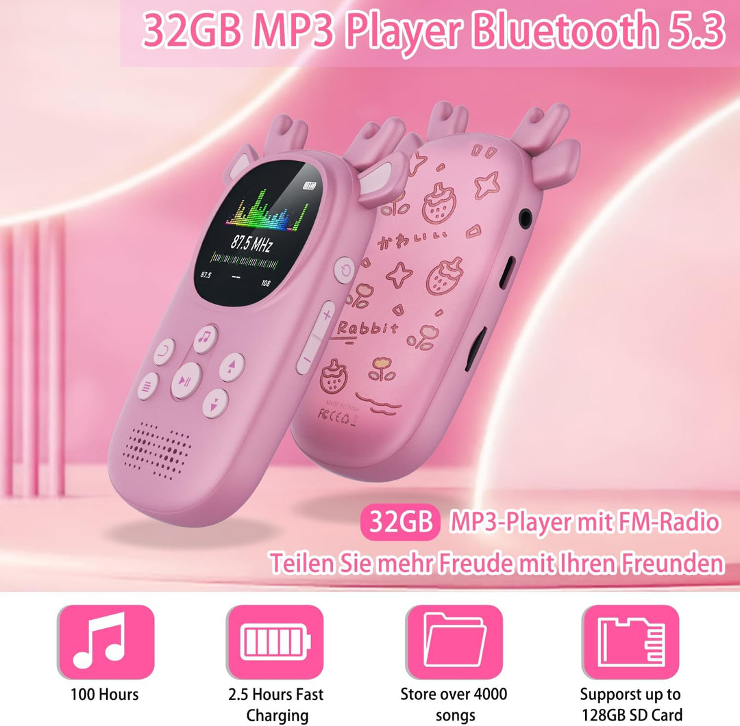 CCHKFEI 32GB Kinder MP3 Player mit Bluetooth 5.3,1,8 Zoll Bildschirm Bluetooth MP3-Player mit kopfhö