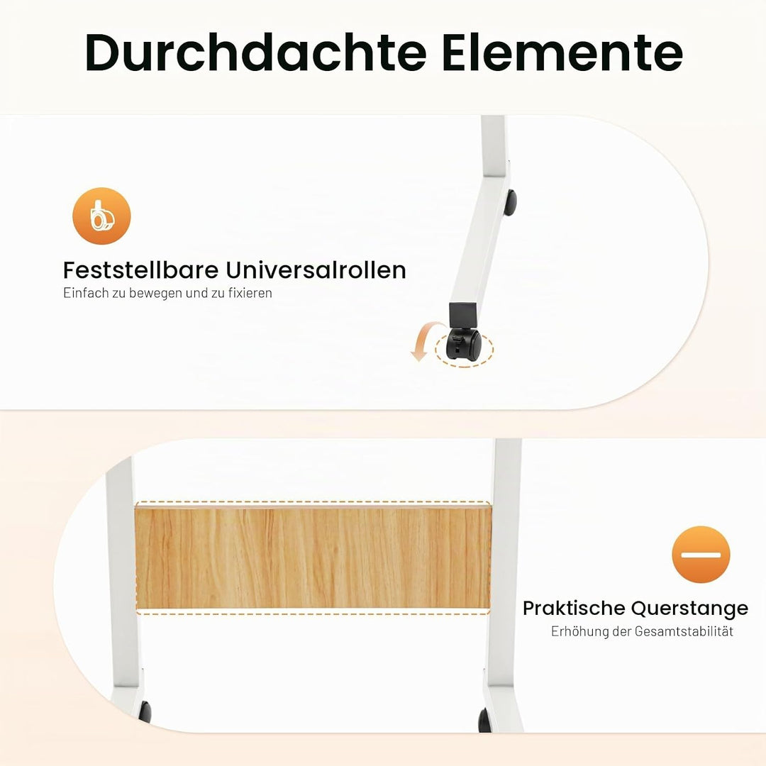 Höhenverstellbarer Schreibtisch 70–90cm, Mobiler Laptop Tisch mit Rollen &amp; Bremse, Rollbarer Beistel