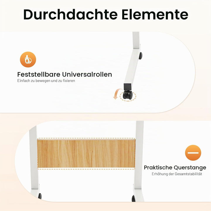 Höhenverstellbarer Schreibtisch 70–90cm, Mobiler Laptop Tisch mit Rollen &amp; Bremse, Rollbarer Beistel