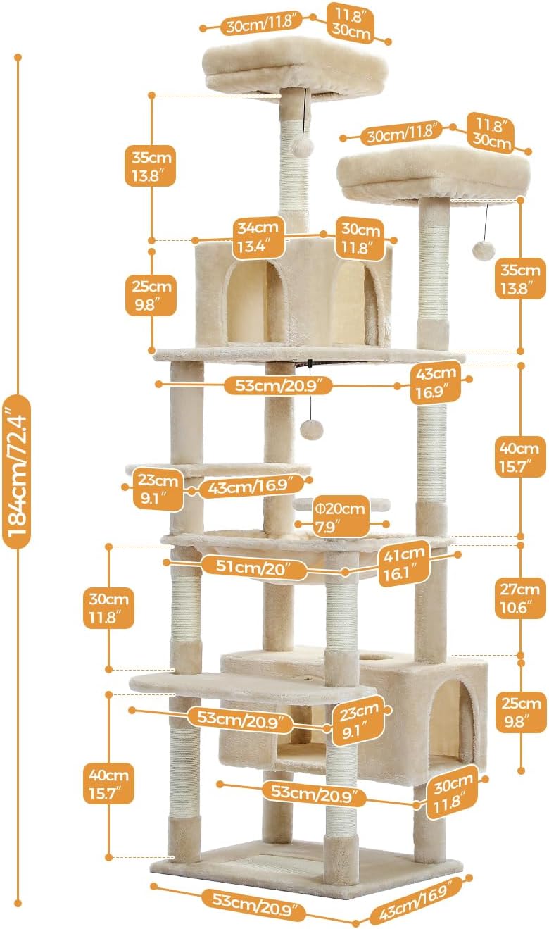 PAWZ Road Kratzbaum Grosse Katzen Stabil, 184 cm hoch, 7 Sisalpfosten, Grosser Sitzstange, Höhle, Kö