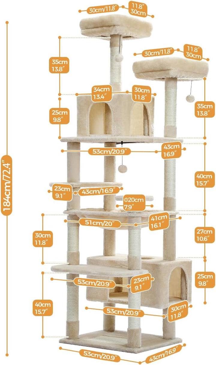 PAWZ Road Kratzbaum Grosse Katzen Stabil, 184 cm hoch, 7 Sisalpfosten, Grosser Sitzstange, Höhle, Kö