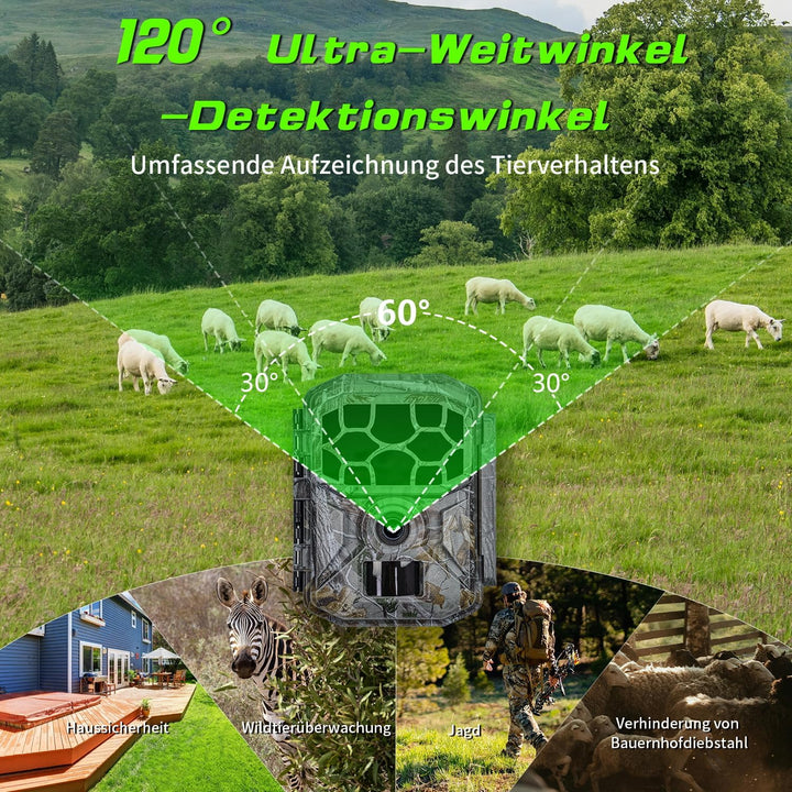 Wildkamera Solar WLAN mit Handyübertragung App 7800mAh Akku - 4K 60MP Wildtierkamera Bluetooth mit B