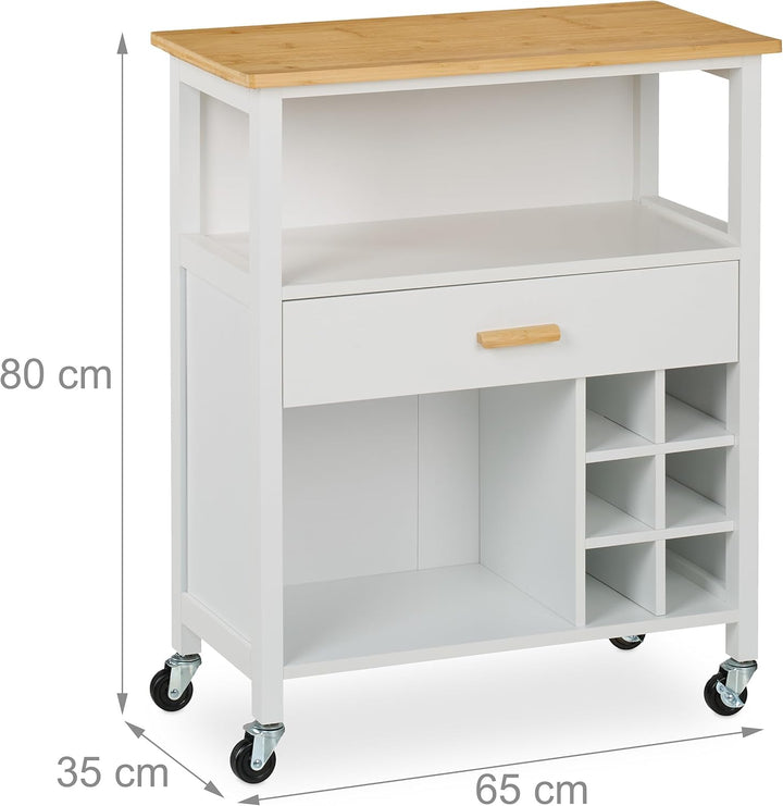 Relaxdays Küchenwagen, Weinregal für 6 Flaschen, Schublade, 2 Fächer, 80x65x35 cm, Bambus Arbeitspla