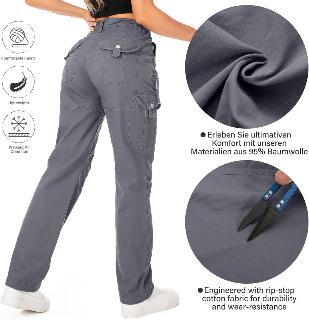 Cargohose Damen Hosen Multi Taschen Wanderhose Outdoorhose Baumwolle Arbeitshose Jogginghose Relaxed