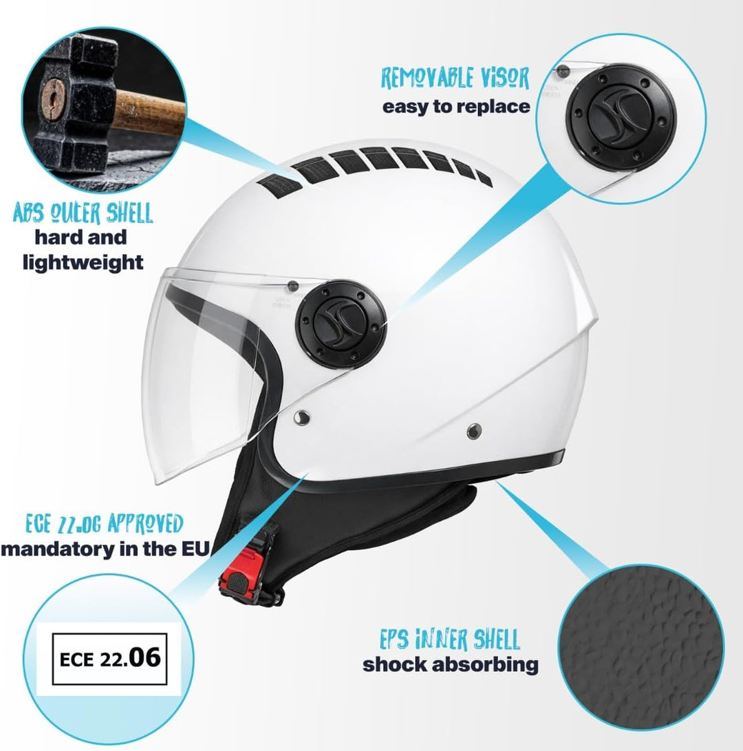 VINZ Como Jethelm mit Visier ECE 22.06 Zertifiziert | Roller Helm Mopedhelm Ideal Für Motoroller & V