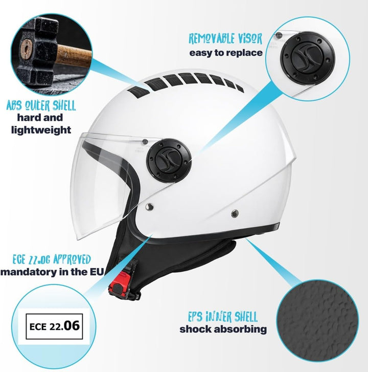 VINZ Como Jethelm mit Visier ECE 22.06 Zertifiziert | Roller Helm Mopedhelm Ideal Für Motoroller & V