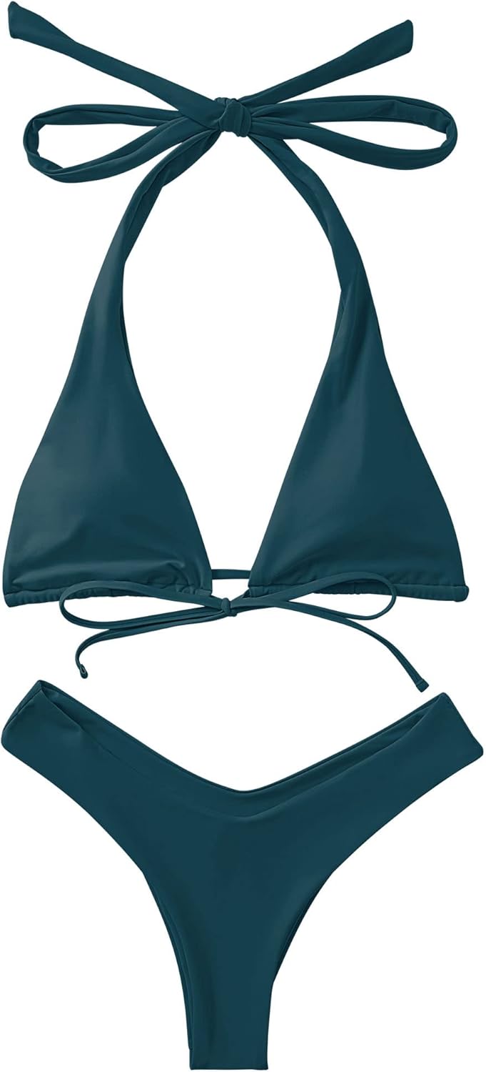 RXRXCOCO Sexy Brazilian Bikini Damen Set Triangel String Oberteil Bikini Set Tanga Bademode M Pfauen