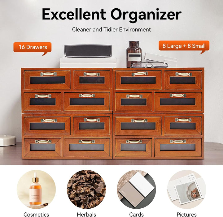 4 Stück Vintage Apothekerschrank Holz, 16 Schubladen mit Sichtfenster, Schreibtisch Organizer für Bü