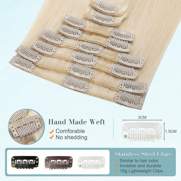 Benehair Clip in Extensions Echthaar, 8 Stück 100% Echtes Haar Extension 70g, Platinblond Haarverlän