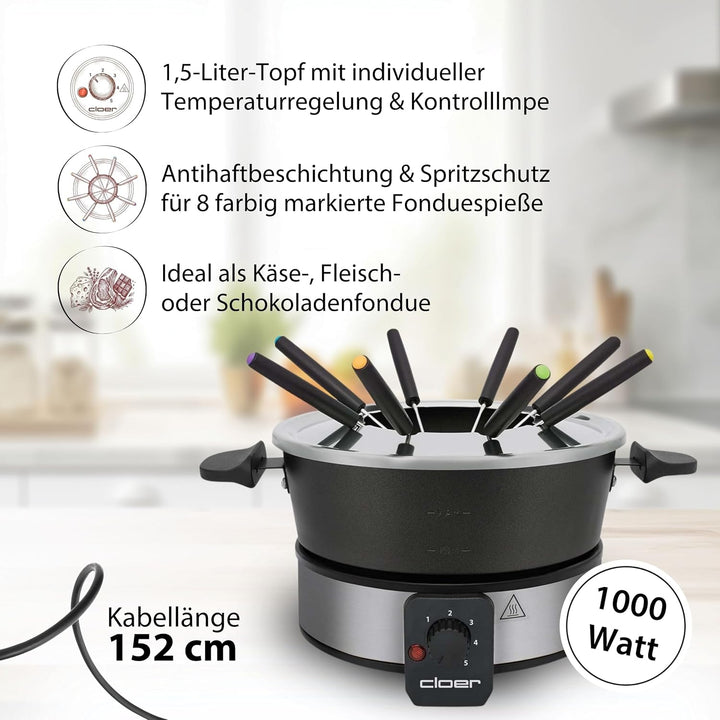 Cloer 6679 Fondue für 8 Personen, beschichteter Aluminiumtopf, inklusive Spritzschutz, 8 farbig mark