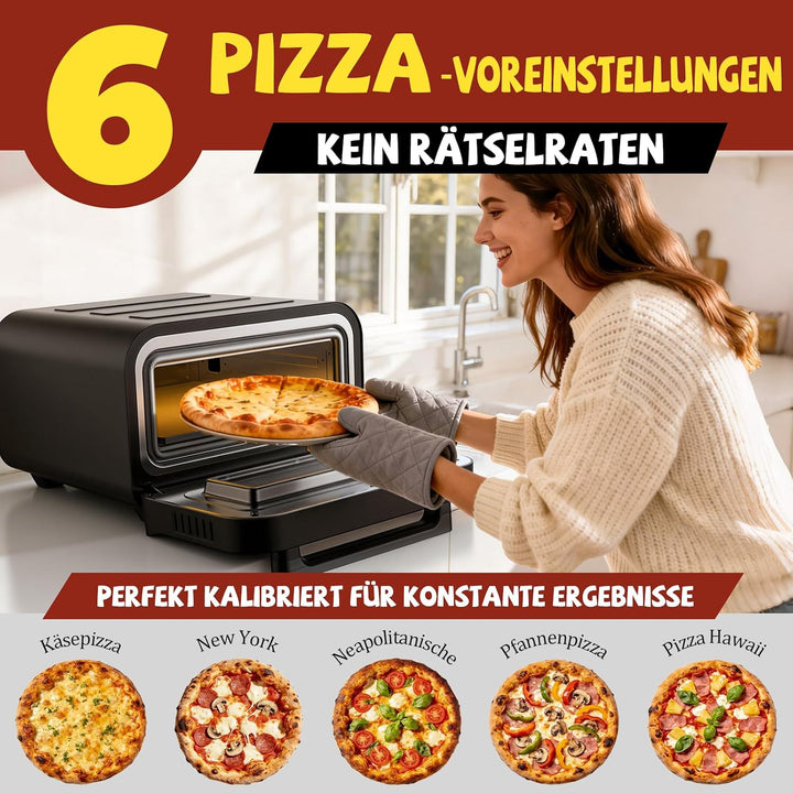 Elektrischer Pizzaofen - 6 Programme, 1700W, max. 450°C, geeignet für 32cm Pizzen - 5-in-1-Multifunk