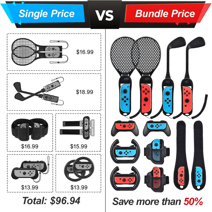 14 in 1 Switch Sport Zubehör Bündel, innoAura NS Bundle Lenkrad, Joycon Griff, Tennisschläger, Glof