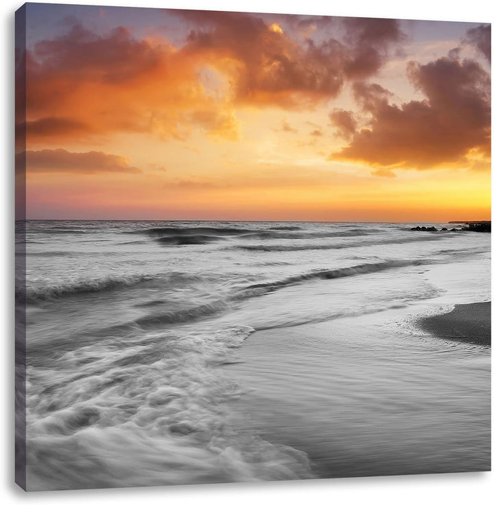 Pixxprint Traumhafter Strand mit romantischen Sonnenuntergang Schwarz/weiss, Format: 70x70 auf Leinw