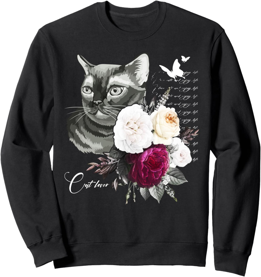 Katze mit Rosen und Schmetterlingen, Women Floral Sweatshirt
