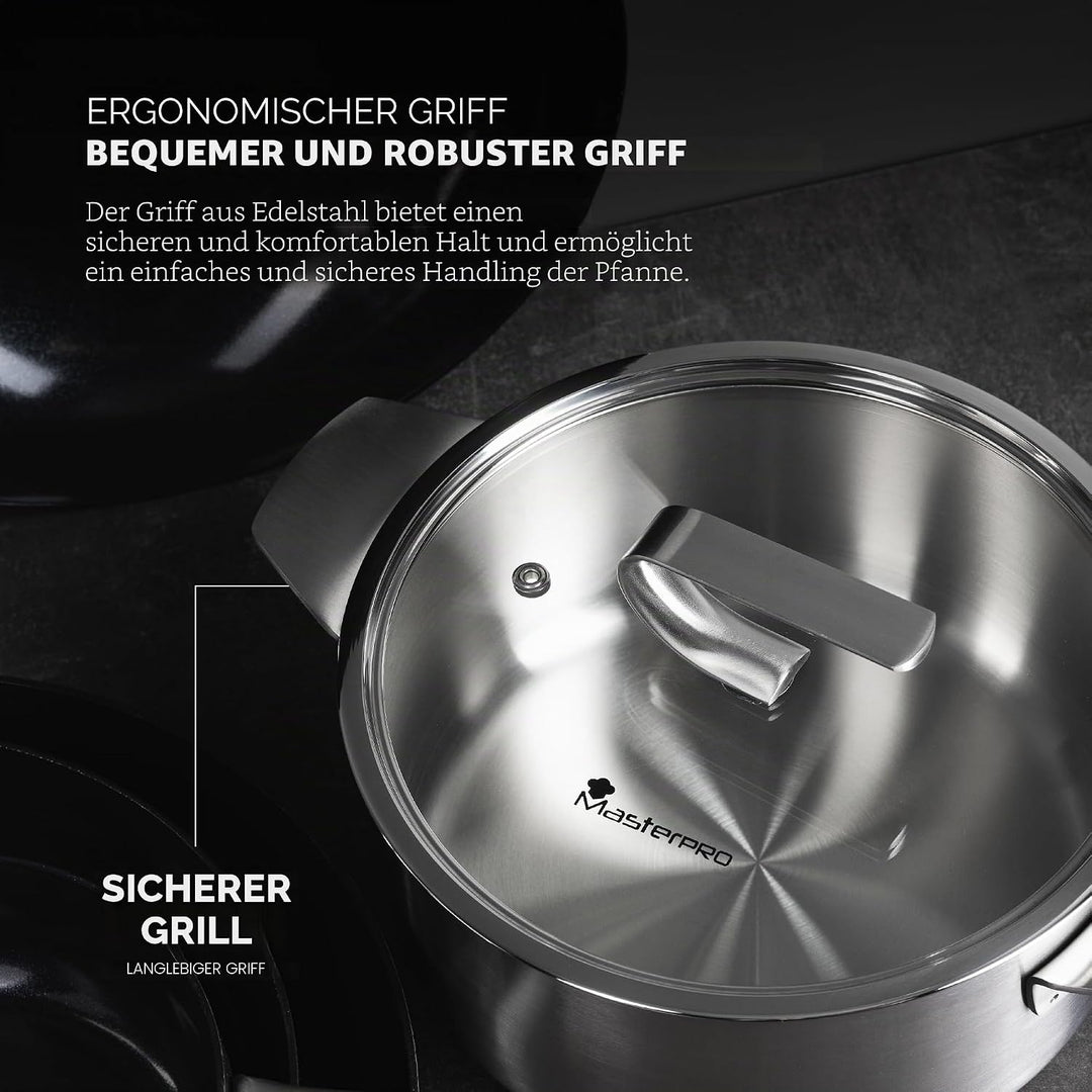 MasterPRO SIGMA - Grosser Kochtopf mit Deckel 9,2L 28x15 cm Edelstahl - Mehrschichtig - Stabiler Gri