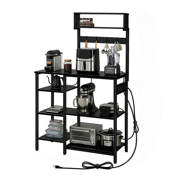 Relaxdays Küchenregal aus schwarzem Metall mit USB-Steckdosen, Halterung für Mikrowelle, 151 x 82 x