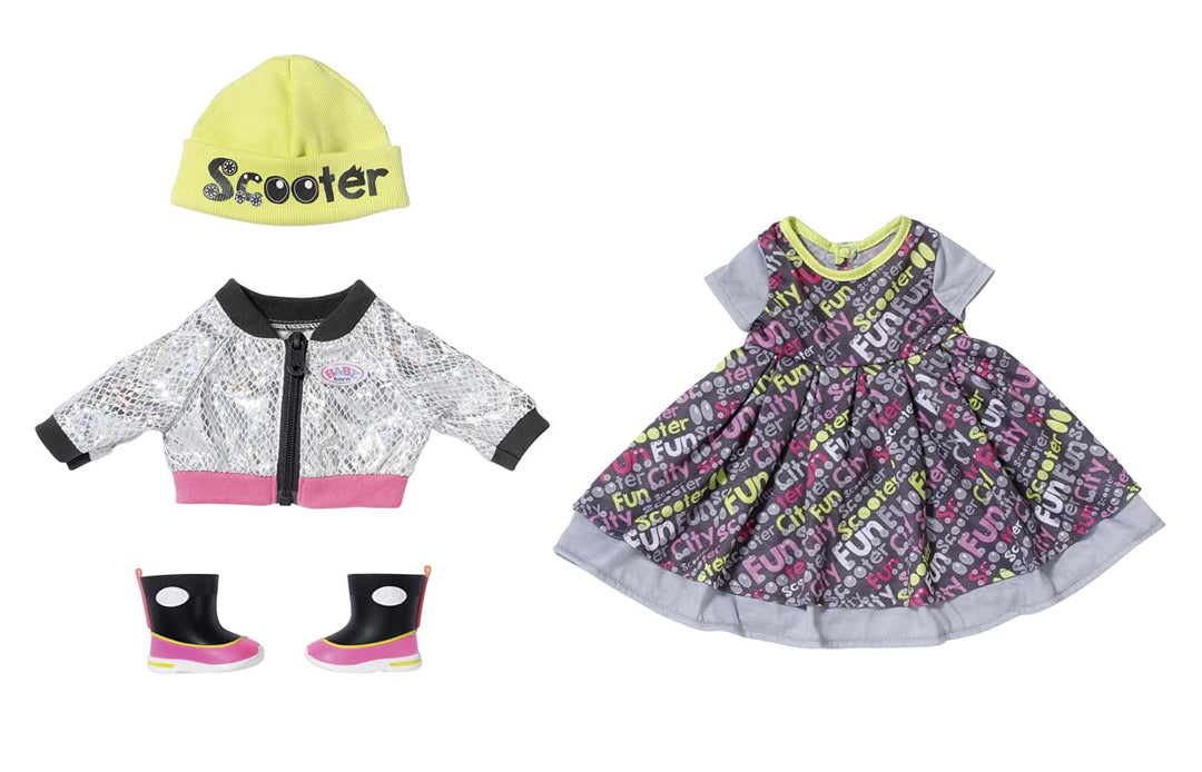BABY born Deluxe Scooter Outfit, buntes Puppenkleid mit Jacke, Mütze und Stiefeln für 43 cm Puppen,